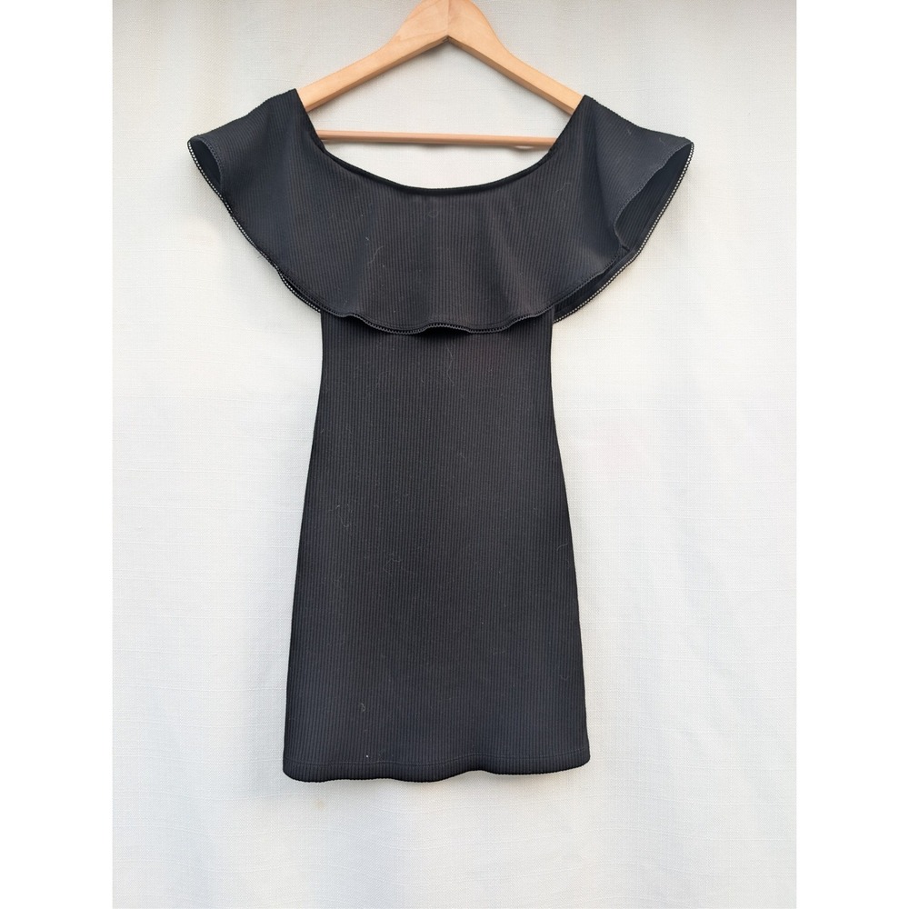 REFORMATION Black Ribbed Mini Dress Womens XS Off‎ Shoulder Flounce Bodycon